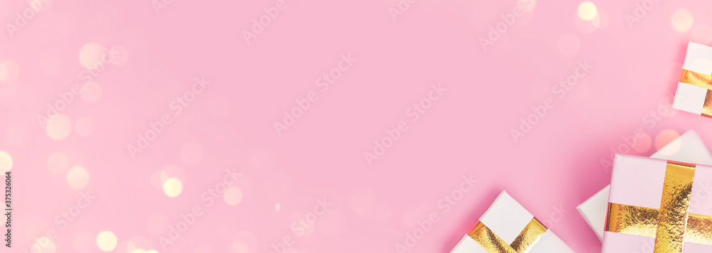 Banner christmas gifts on a pink background, copy space, layout