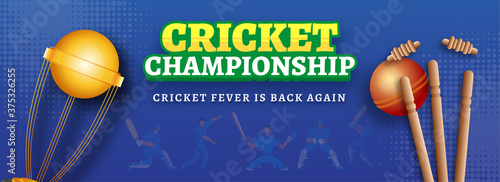 Cricket Championship Text in Sticker Style with Golden Trophy Cup, Ball Hitting Wicket Stumps and Cricketers on Blue Halftone Effect Background. Header or Banner Design.