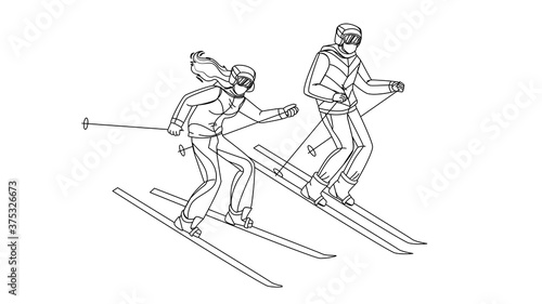 Man And Woman Skiing Downhill From Hill Vector