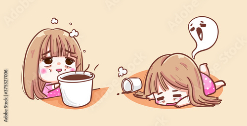 Sleepy girl need coffee cups and yawn face isolated on morning background with tired mood or lazy day.