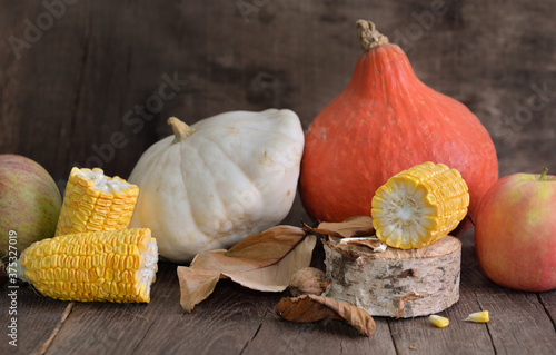 various and colorful autumnal vegetables and fruits and cob of corn cut into ...