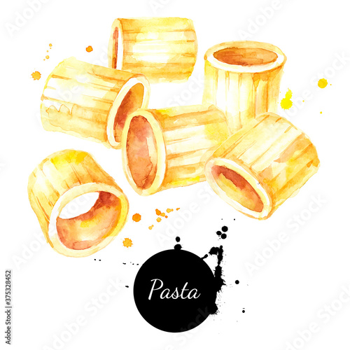 Watercolor fresh italian pasta mezzi rigatoni illustration. Vector painted isolated food on white background