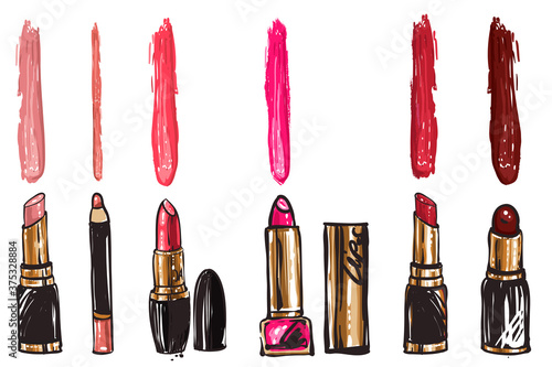 Vector fashion sketch. Hand drawn graphic lipstick. Glamour fashion seamless pattern in vogue style. Isolated elements on white background
