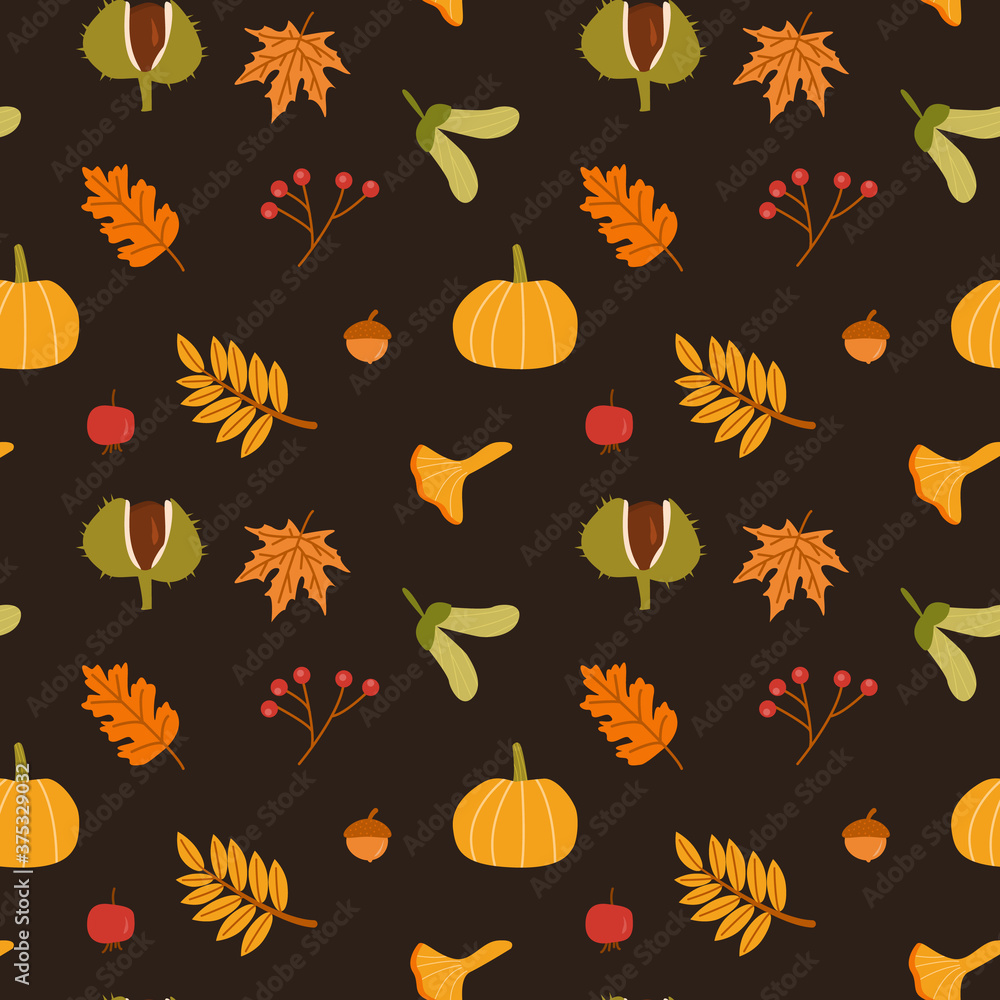 Obraz premium Autumn leaves, mushrooms, pumpkin and berries vector seamless pattern. Fall season foliage with acorns wallpaper design. Red ashberry and dog rose berries. Botanical wrapping paper, textile print.