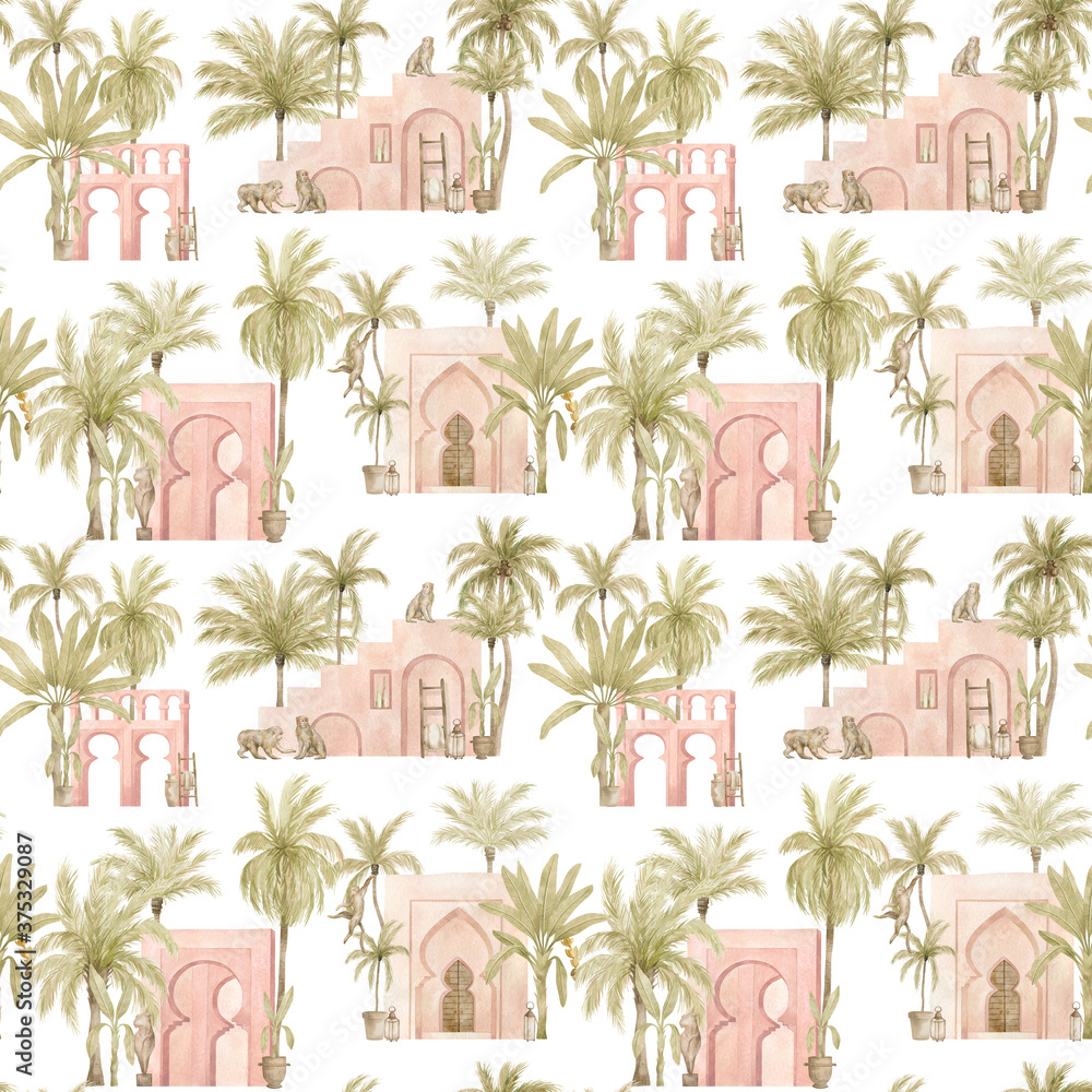 Watercolor seamless pattern with pink arch and tropical palm tree. Moroccan background with urban jungle elements. Aesthetic North African architecture and nature. Vintage wallpaper, wrapping, textile