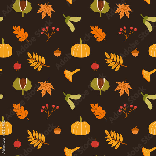 Autumn leaves, mushrooms, pumpkin and berries vector seamless pattern. Fall season foliage with acorns wallpaper design. Red ashberry and dog rose berries. Botanical wrapping paper, textile print.