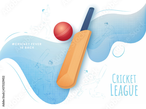 Cricket League Concept with Realistic Bat, Red Ball and Line Art Players on White and Blue Wave Background.