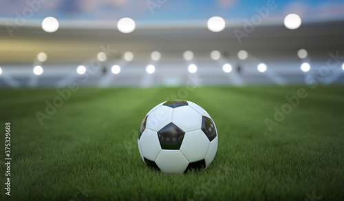 Soccer or football ball on stadium. 3D rendered illustration. © vchalup