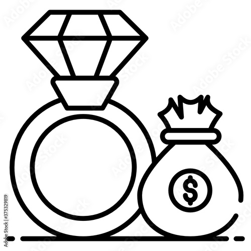 
Money bag with diamond ring denoting wedding loan in flat icon
