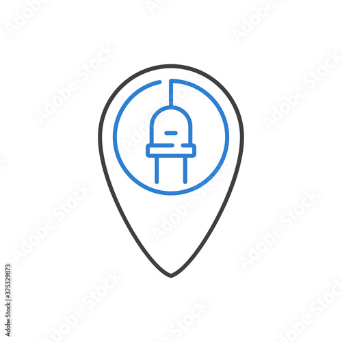 Concepto energía eléctrica. Logotipo lineal enchufe eléctrico con cable en puntero en azul y gris