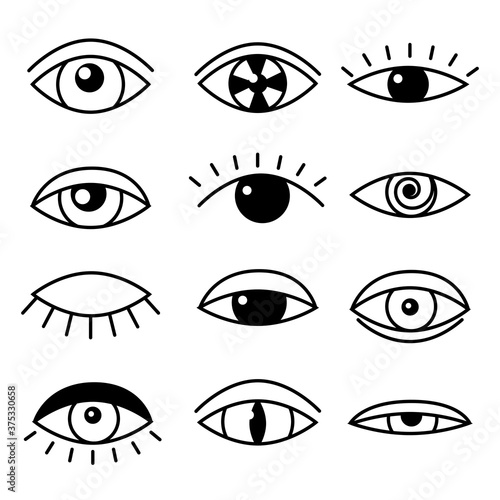 Flat set with black outline eye on white background. Open, sleeping and closed eyes. Logo element vector illustration