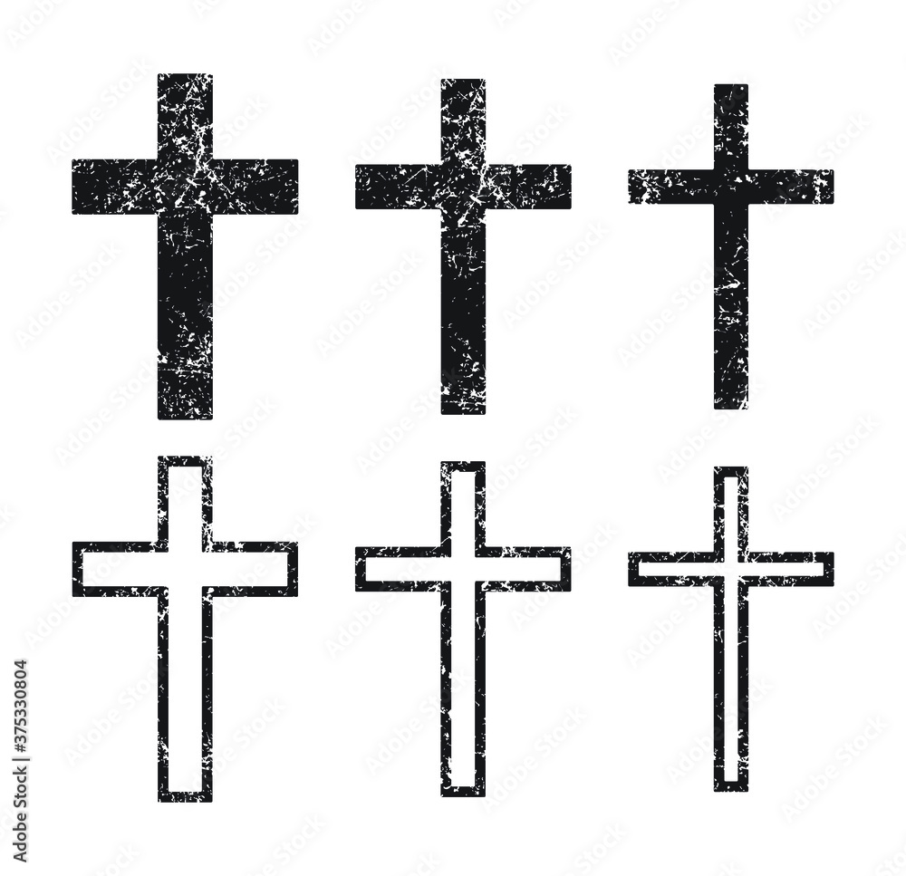Cross  vector shape symbol collection.  Christianity sign with grunge texture set. Christian  religion icon. Catholic and protestant faith logo or image. Black silhouette isolated on white background.