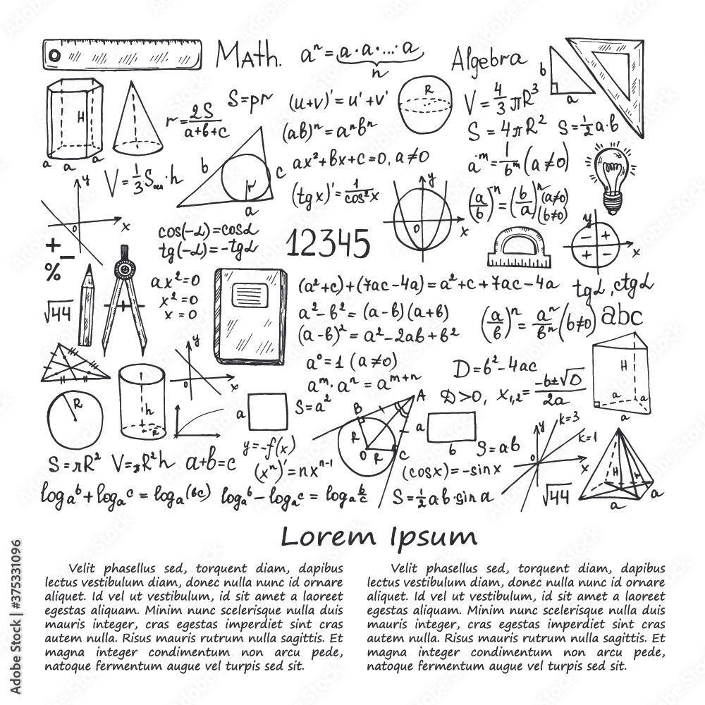 Illustration with hand drawn mathematics formules and other elemets. Science collection. Vector.