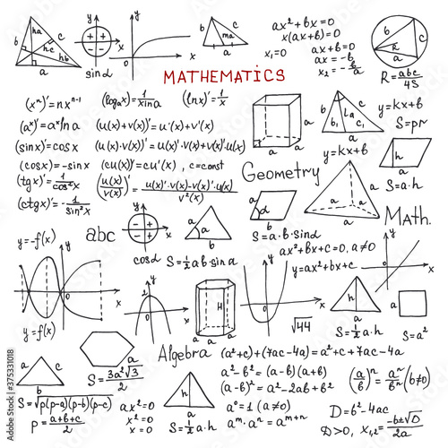 Set with hand drawn mathematics formules and other elemets. Science collection. Vector doodlle illustration
