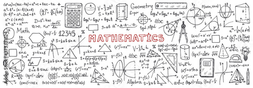 Banner with hand drawn mathematics formules and other elemets. Science collection. Vector doodlle illustration