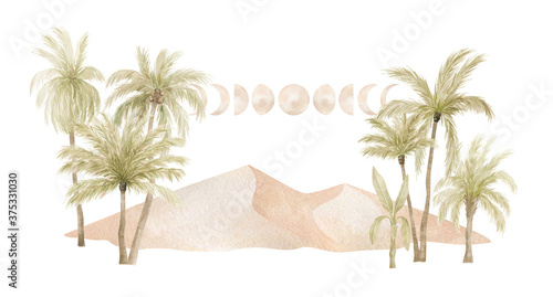 Watercolor compositions with palm tree in green color and sand dune isolated on white background. Coconut trees. Vintage illustration elements. Floral jungle and desert photo