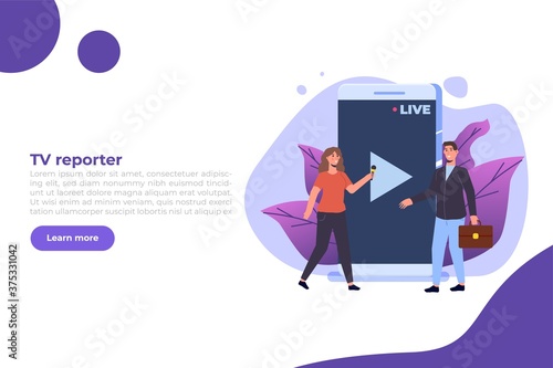 TV reporter character, Journalist special correspondent and camera man concept. Vector illustration.
