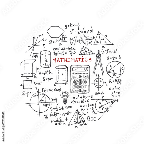 Round composition with hand drawn mathematics formules and other elemets. Science collection. Vector doodlle illustration