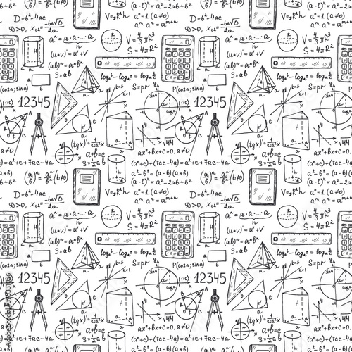 Seamless pattern with hand drawn mathematics formules and other elemets. Science collection. Vector doodlle illustration