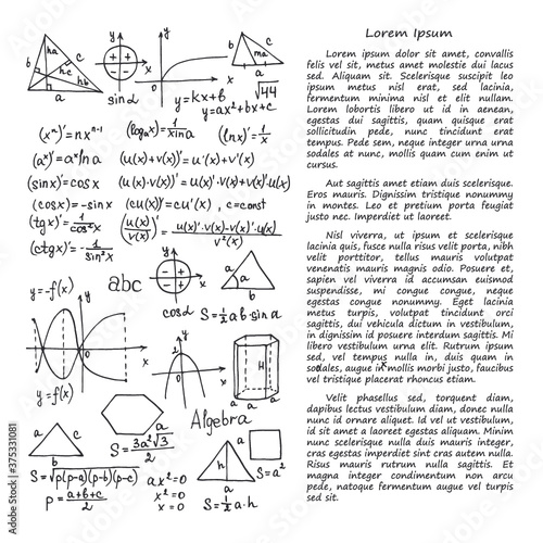 Illustration with hand drawn mathematics formules and other elemets. Science collection. Vector.