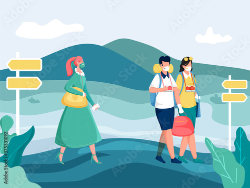 Tourists Character Wearing Protective Masks with Bags and Signboard on Nature Landscape Background.