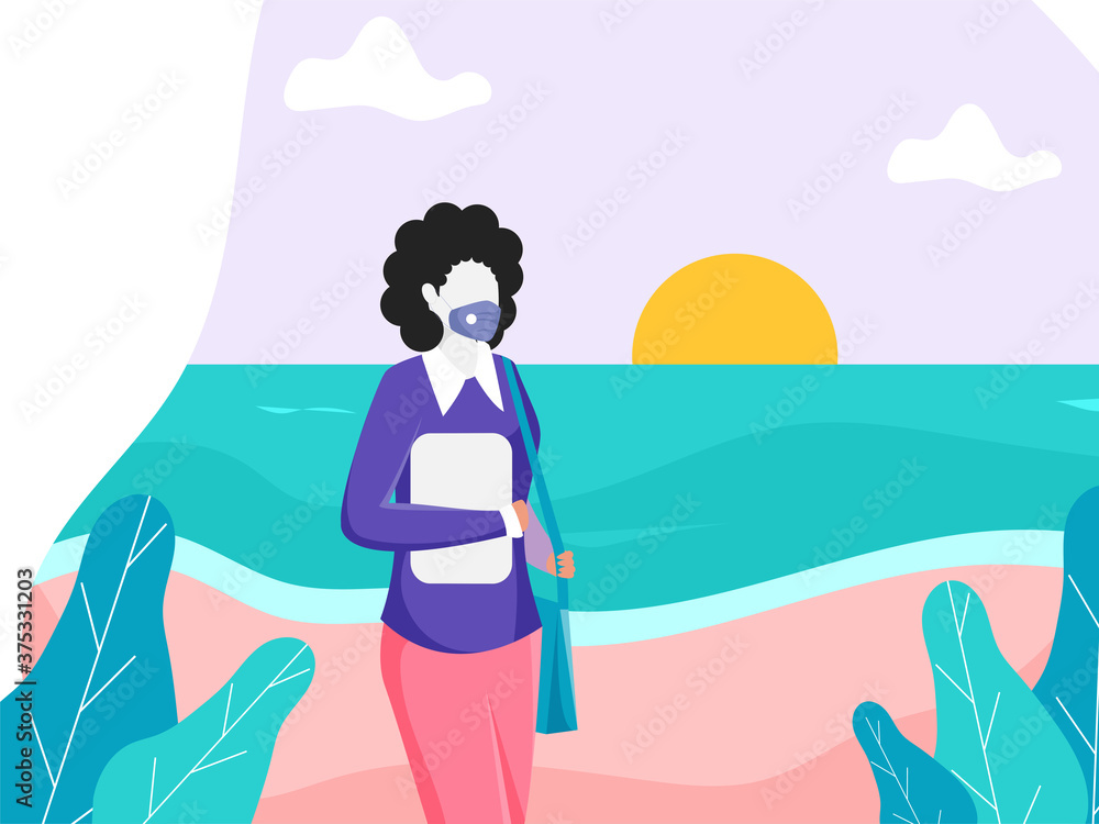 Sunrise or Sunset River Background with Green Leaves and Cartoon Young Woman Wearing Medical Mask for Avoid Coronavirus Pandemic.