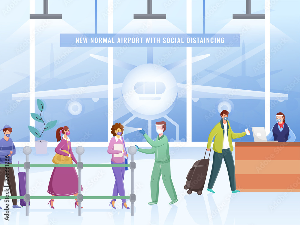 Check Body Temperature Before Entering Airport with Sanitize of Travelers Maintain Social Distance in Front of Reception Counter for Avoid Coronavirus Pandemic. Check Body Temperature Before Entering Airport with Sanitize of Travelers Maintain Social Distance in Front of Reception Counter for Avoid Coronavirus Pandemic.