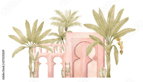 Watercolor set with pink arch, green palm. Moroccan composition with urban jungle elements, banana trees. Aesthetic North African architecture. Vintage poster