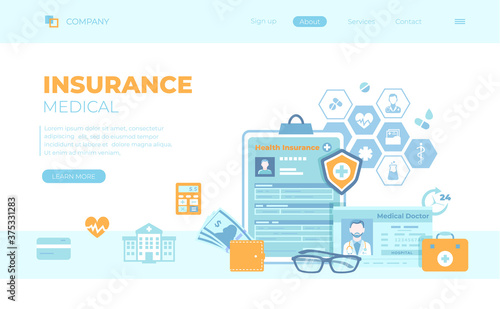 Medical Insurance, Healthcare, Support. Health  claim insurance form, medical card, doctor's license, first aid kit. Can use for web banner, landing page, web template.