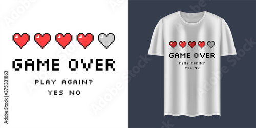 Stylish t-shirt and apparel trendy design with "Game Over" text. Typography, print, vector illustration. Textiles, print, t-shirts, web. Gaming clothing. Pixel art.