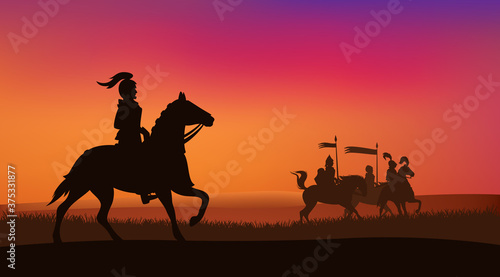 medieval knights riding horses at sunset field - vector silhouette scene of fairy tale adventure © Cattallina