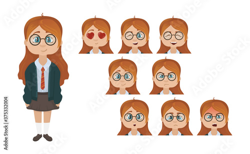 School girl with different emotions. Girl in uniform isolated on white background. 