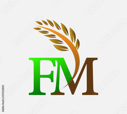 initial letter logo FM, Agriculture wheat Logo Template vector icon design colored green and brown.