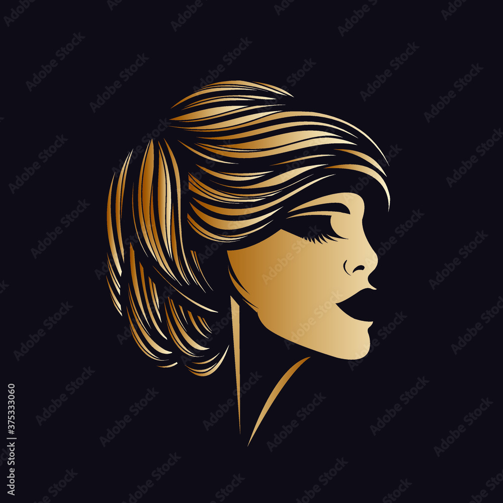 Woman with short, wavy hairstyle and elegant makeup.Beauty and hair salon logo.Cosmetics and spa icon.Young lady portrait isolated on dark background.Beautiful blonde girl face. Woman with short, wavy hairstyle and elegant makeup.Beauty and hair salon logo.Cosmetics and spa icon.Young lady portrait isolated on dark background.Beautiful blonde girl face.