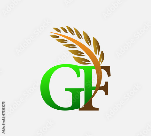 initial letter logo GF, Agriculture wheat Logo Template vector icon design colored green and brown.