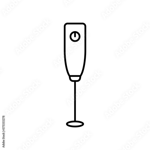 Electric milk frother. Linear icon of handheld cappuccino maker. Black simple illustration of foam mixer with round whisk for homemade coffee. Contour isolated vector emblem on white background