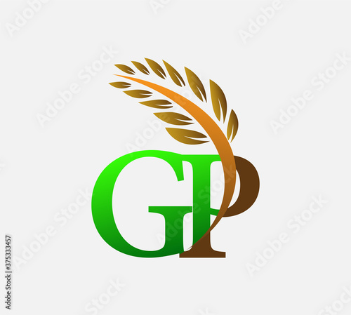 initial letter logo GP, Agriculture wheat Logo Template vector icon design colored green and brown.