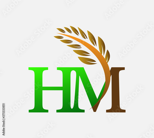initial letter logo HM, Agriculture wheat Logo Template vector icon design colored green and brown.