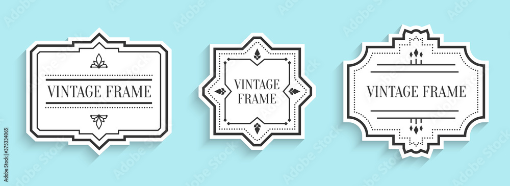 Retro vintage white labels paper cut set with shadow. Different shape empty border tag menu sale price with decorative elements. Package template for text banner, sticker Isolated vector illustration