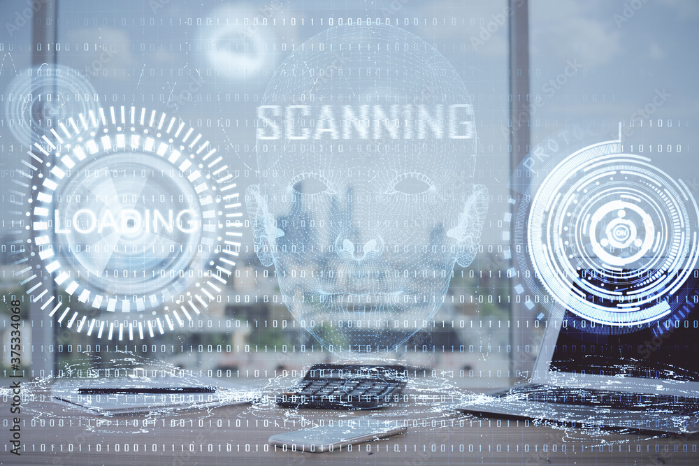 Double exposure of desktop computer and technology theme hologram. Concept of software development. Double exposure of desktop computer and technology theme hologram. Concept of software development.