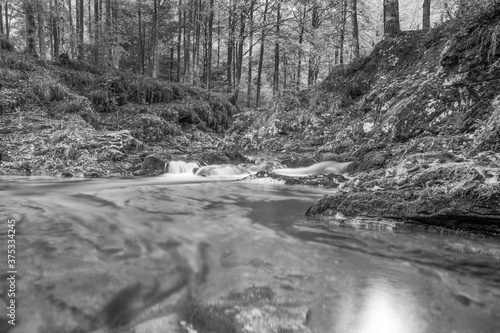Waterfalls and streams of the Val d'Arzino. Black and white.