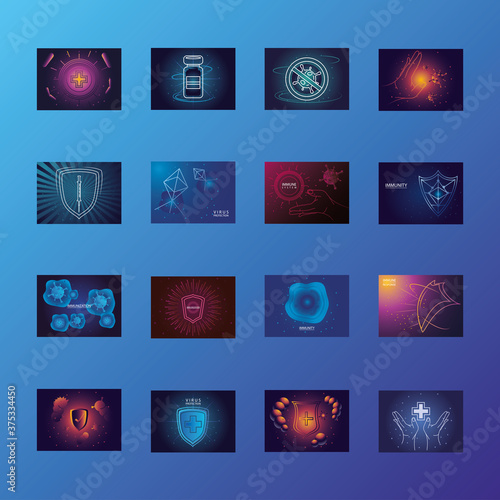 set of icons immunity, shield protecting from viruses, germs and bacteria