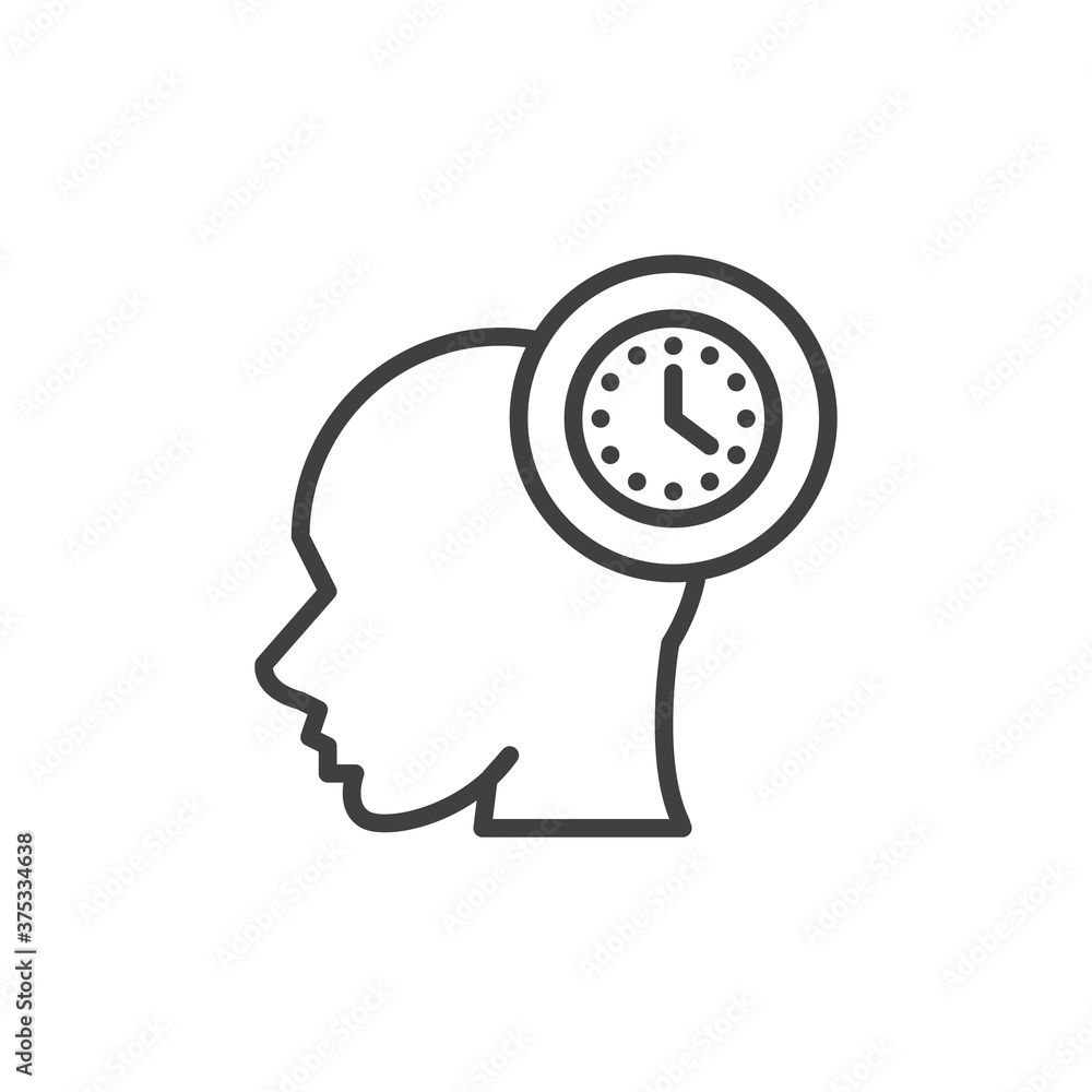 Mental control line icon. linear style sign for mobile concept and web design. Head and clock outline vector icon. Symbol, logo illustration. Vector graphics Mental control line icon. linear style sign for mobile concept and web design. Head and clock outline vector icon. Symbol, logo illustration. Vector graphics