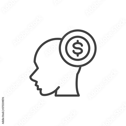 Money thinking line icon. linear style sign for mobile concept and web design. Head and dollar money outline vector icon. Symbol, logo illustration. Vector graphics