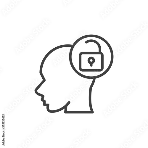 Open mind line icon. linear style sign for mobile concept and web design. Head and open padlock outline vector icon. Symbol, logo illustration. Vector graphics