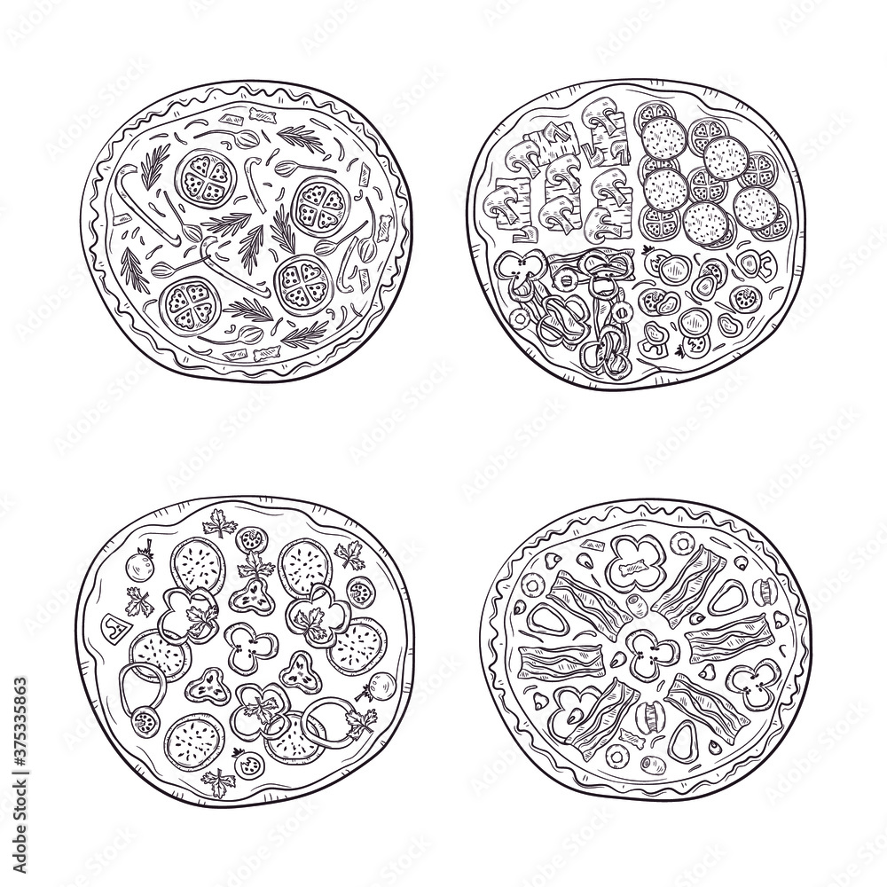 Vector illustration with hand drawn pizza. Set of four different types of pizza. Vector illustration with hand drawn pizza. Set of four different types of pizza.