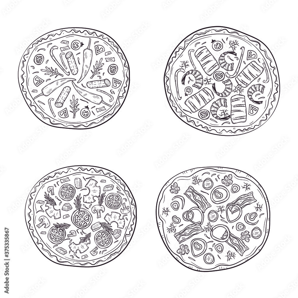Vector illustration with hand drawn pizza. Set of four different types of pizza. Vector illustration with hand drawn pizza. Set of four different types of pizza.