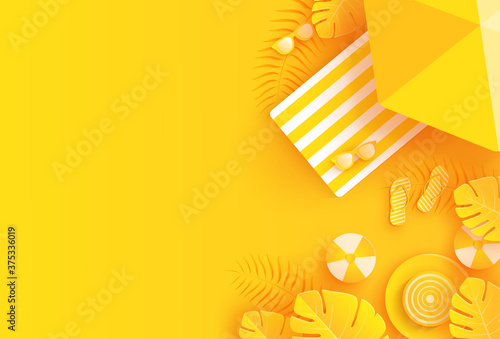 summer background with umbrella, ball, glasses, sandals and yellow leaves. Summer background in paper craft style. paper cut and craft style. vector illustration