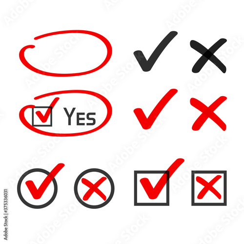 Yes no check box list marker ticks, felt tip pen highlight vector, handwritten x close cross, ok doodle poll vote checkmark, right wrong drawing, approved declined decision form element, accept deny