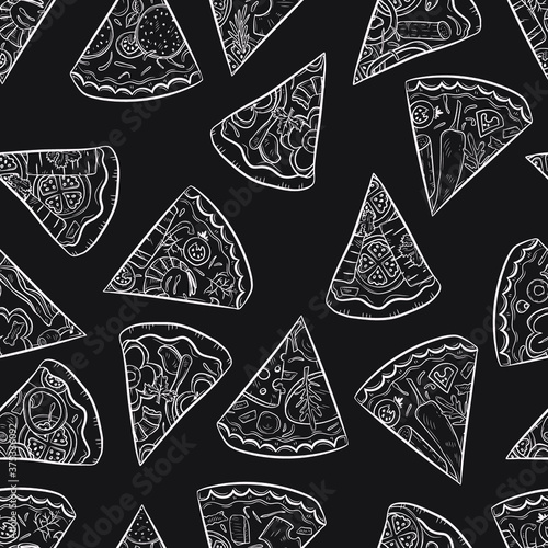 Vector seamless pattern with hand drawn pizza and pizza igridients